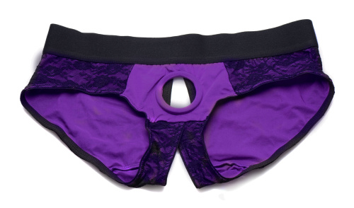 Lace Envy Crotchless Panty Harness - L/ XL Purple and Black  5