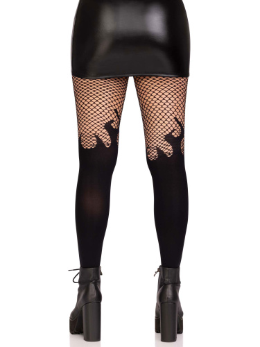 Opaque Flame Tights With Fishnet Top - One Size -  Black  2