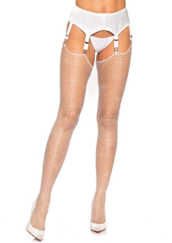 Rhinestone Fishnet Stockings - One Size - White  2